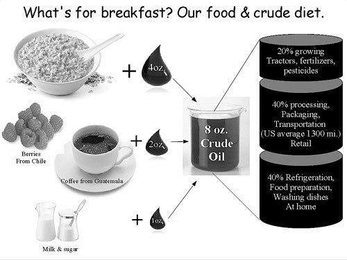 A diagram to show how much fossil fuel gets embedded in our food. A study by David Pimentel at Cornell University reveals 30% of fossil-fuel expenditure on conventional (non-organic) farms is found in chemical fertilizer.