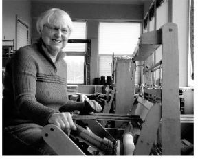 Clockwise: Linda Graham-Rose at her loom. Two towels