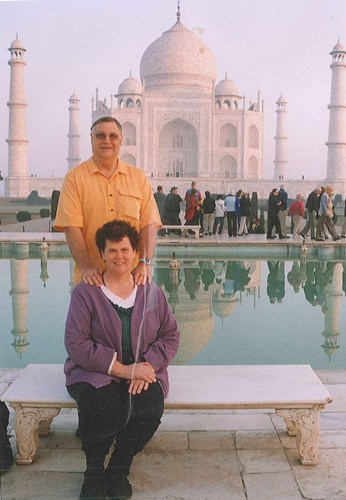 Mary and her husband Richard at the Taj Mahal.