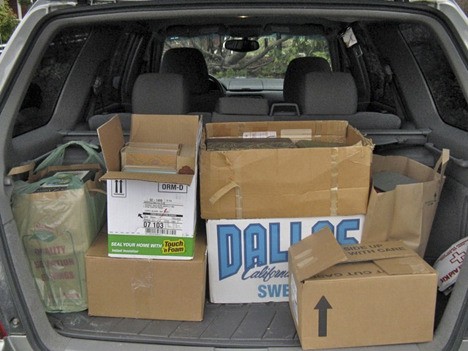 A load of moldy and mildewed books packed in a library volunteer’s car. These kinds of donations have to be taken to the dump