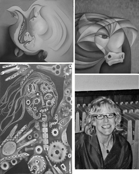 Top and bottom: Several of Tracey's art pieces. Bottom right: Tracey Levine