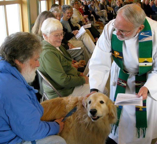 Reverend Dr. Colin Goode blessing a golden retriever.