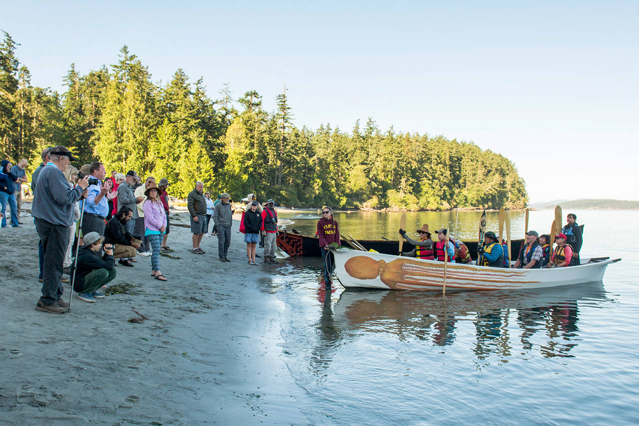 Contributed photo/Heather Harrison                                San Juan County Councilman Jamie Stevens stood on the shore and gave each canoe permission to depart and a blessing for their journey.