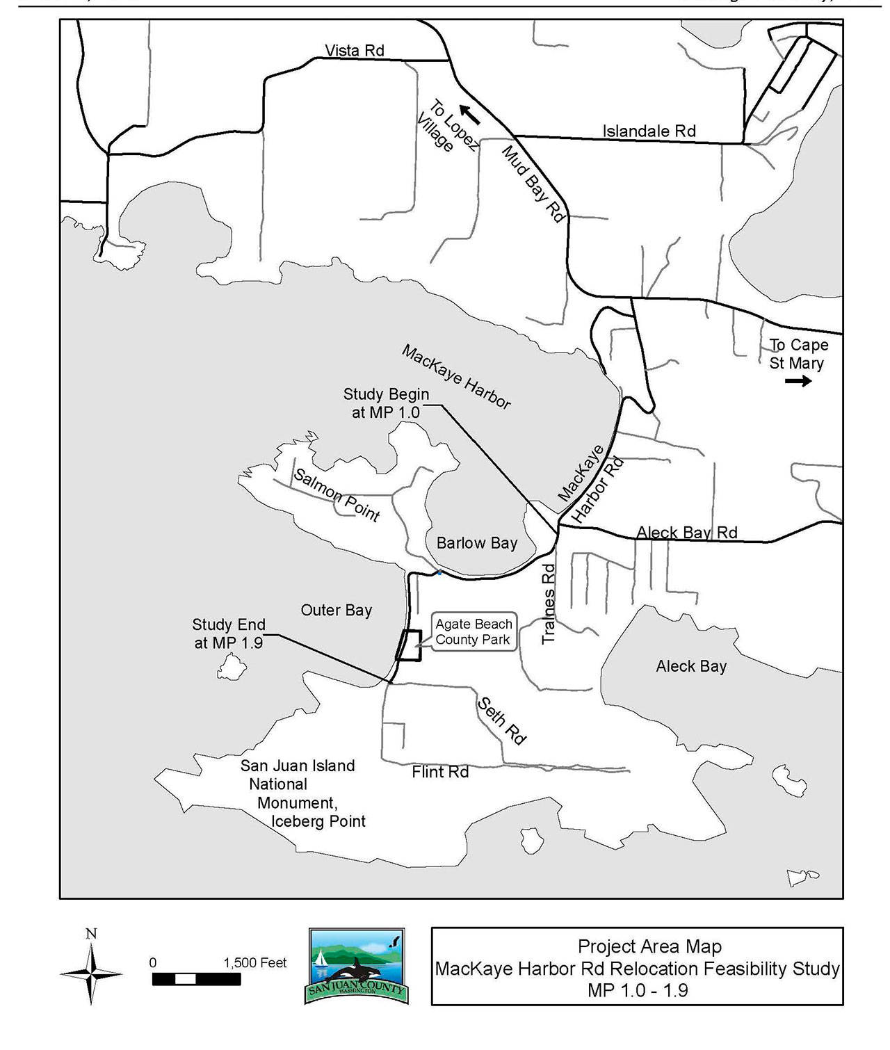 Contributed image/San Juan County                                This map from San Juan County shows the part of the MacKaye Harbor Road that a county feasibility study suggests moving to protect it from rising sea level projections. The section runs along the southern tip of the road, starting near Aleck Bay Road, past Barlow and Outer Bays and the Agate Beach County Park, to Seth Road.