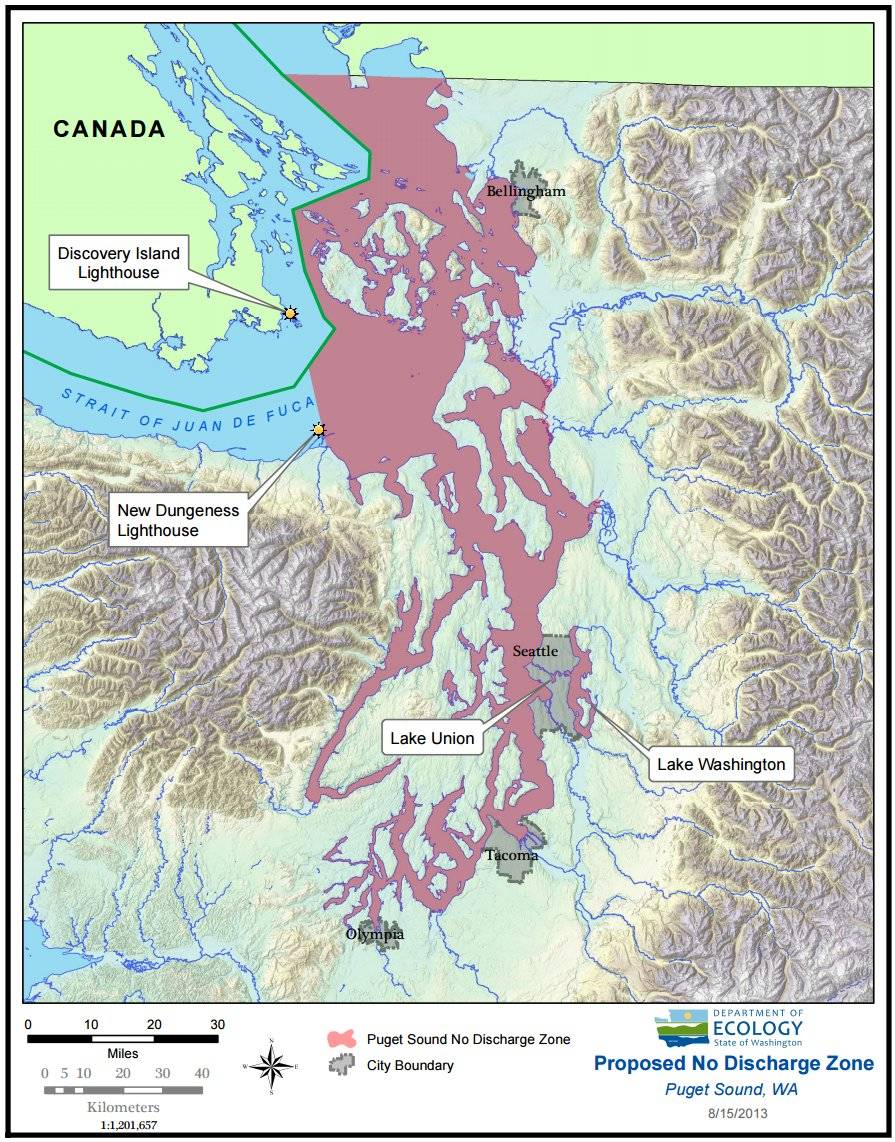Contributed image/ecology.wa.gov                                According to the Washington State Department of Ecology, the No Discharge Zone includes all Washington marine waters east of New Dungeness Light, at the east end of the Strait of Juan de Fuca, plus Lake Washington, Lake Union, and the waters that connect them to Puget Sound.