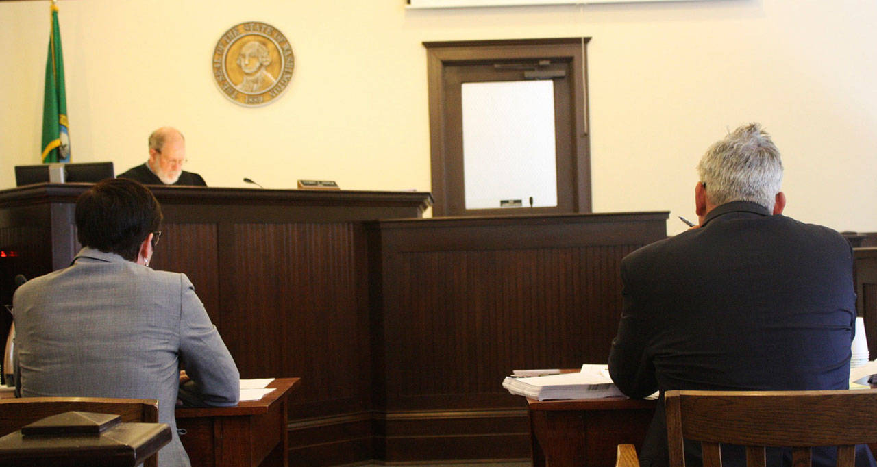 Staff photo/Hayley Day                                San Juan County Senior Deputy Prosecuting Attorney Teresa Barnett, right, and Gerald Grellet-Tinner’s lawyer Nick Power present at San Juan County District Court on May 30.