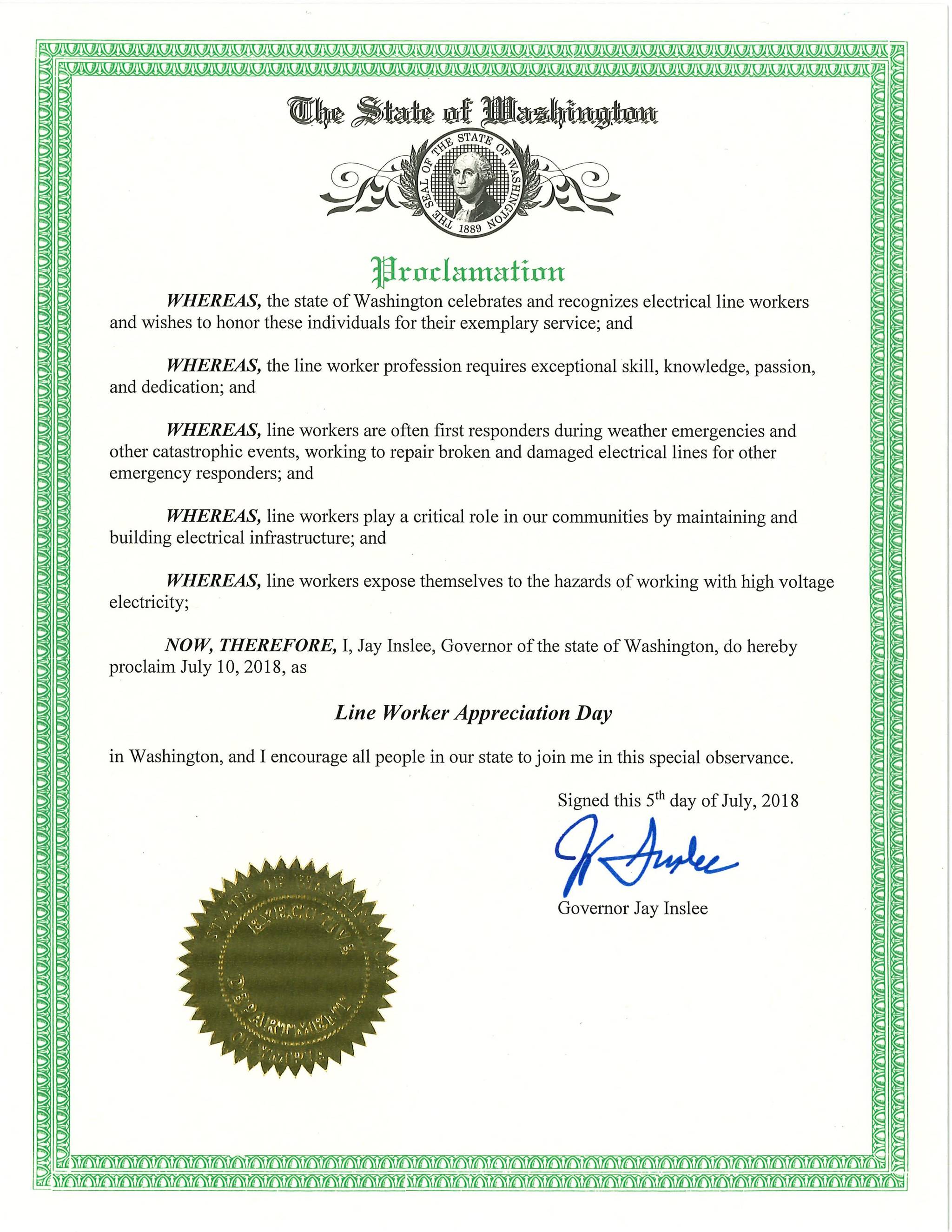 Gov. Inslee proclaims July 10 as Lineworker Appreciation Day
