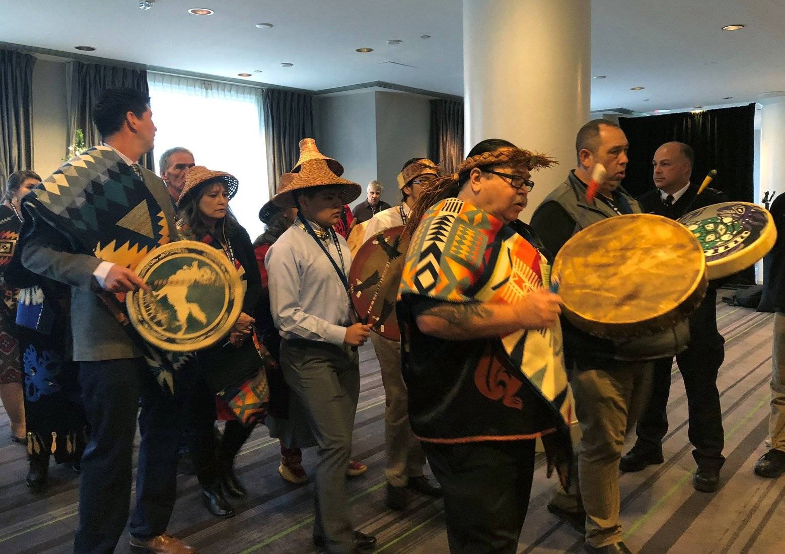 Contributed photo/National Energy Board photo                                U.S. tribes enter the conference room at the National Energy Board reconsideration in Canada on Nov. 27.