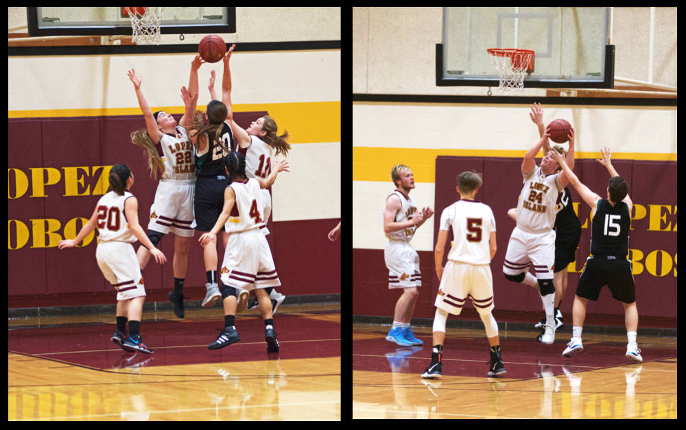 Contributed photo/ Gene Helfman photo                                Left: Siri Dye (22) and Shayna Gruenwald (11) go up to block a shot against Shoreline Christian as Quinn Dye (20) and Grace Zoerb (4) look on. Right: Reese Hamilton (24) brings down a rebound as Lichen Johnson (5) and Quinn Steckler look on. Both Lopez teams were victorious.