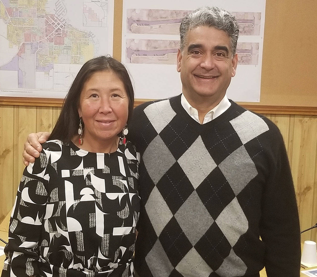 Contributed photo/Duncan Wilson                                Representative-elect Debra Lekanoff, D-Bow, meets with Friday Harbor Mayor Farhad Ghatan on Dec. 20.