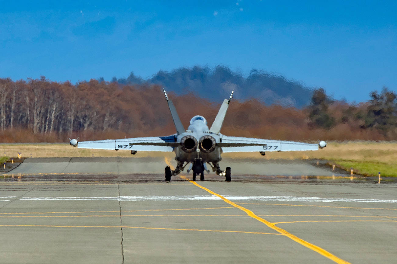 An EA-18G Growler taxis toward the runway at Ault Field, Whidbey Island on March 29, 2019. (Paul Seeber, U.S. Navy/contributed photo)