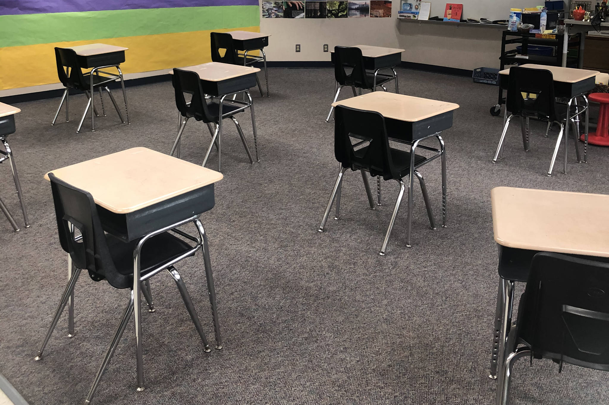 Empty desks await students at Friday Harbor Elementary School. (Emillie Novak/staff photo)