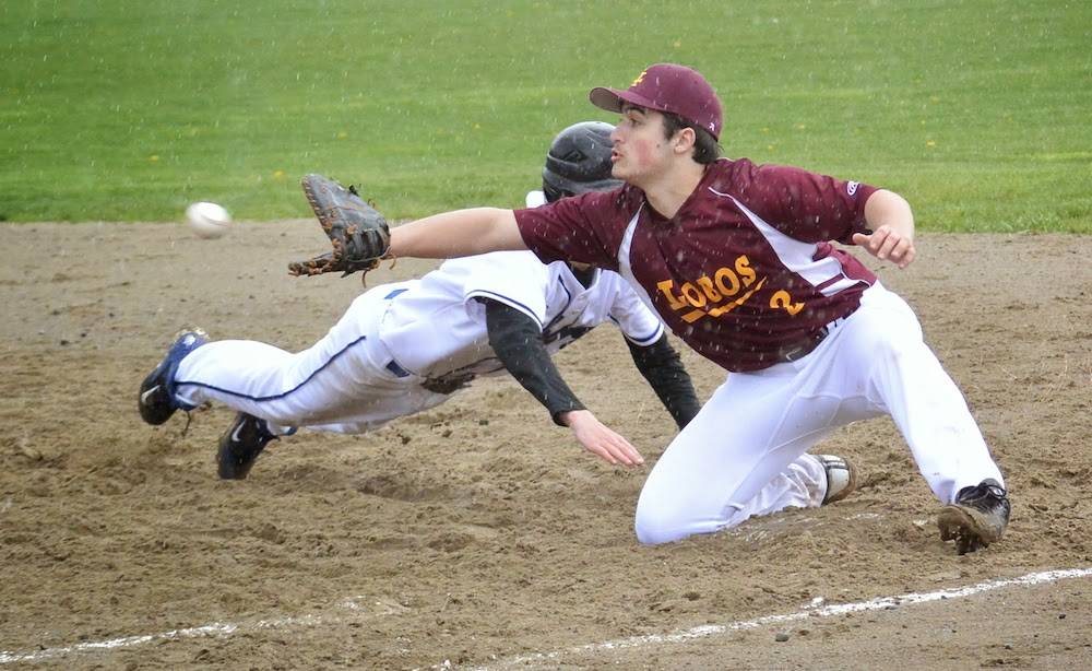 Contributed photo 
Gavin Goodrich (#2) takes a pick-off throw at first base in a game against Orcas, April 2015.