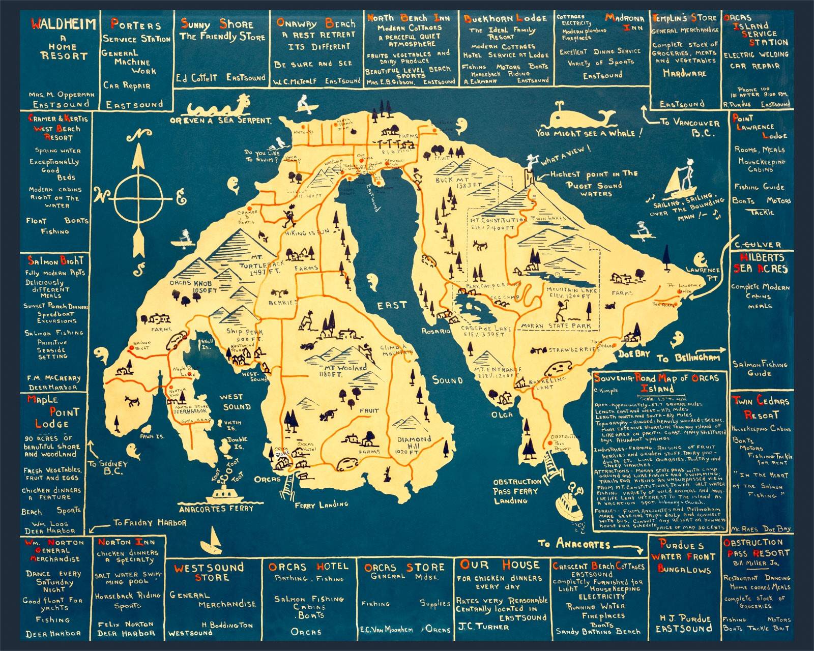 Left: Charlotte Kimple Map — 1930s Tourist Map of Orcas Island.