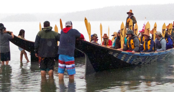 Gene Helfman/contributed photo
Two canoes arrive at Odlin Park during the June 2018 Canoe Journey.