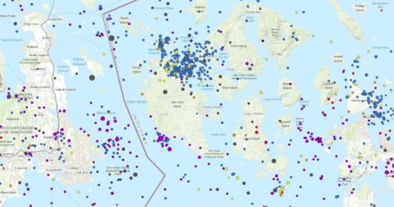 Contributed photo by Pacific Northwest Seismic Network at the University of Washington (pnsn.org)
Earthquakes across the Salish Sea since 2000.