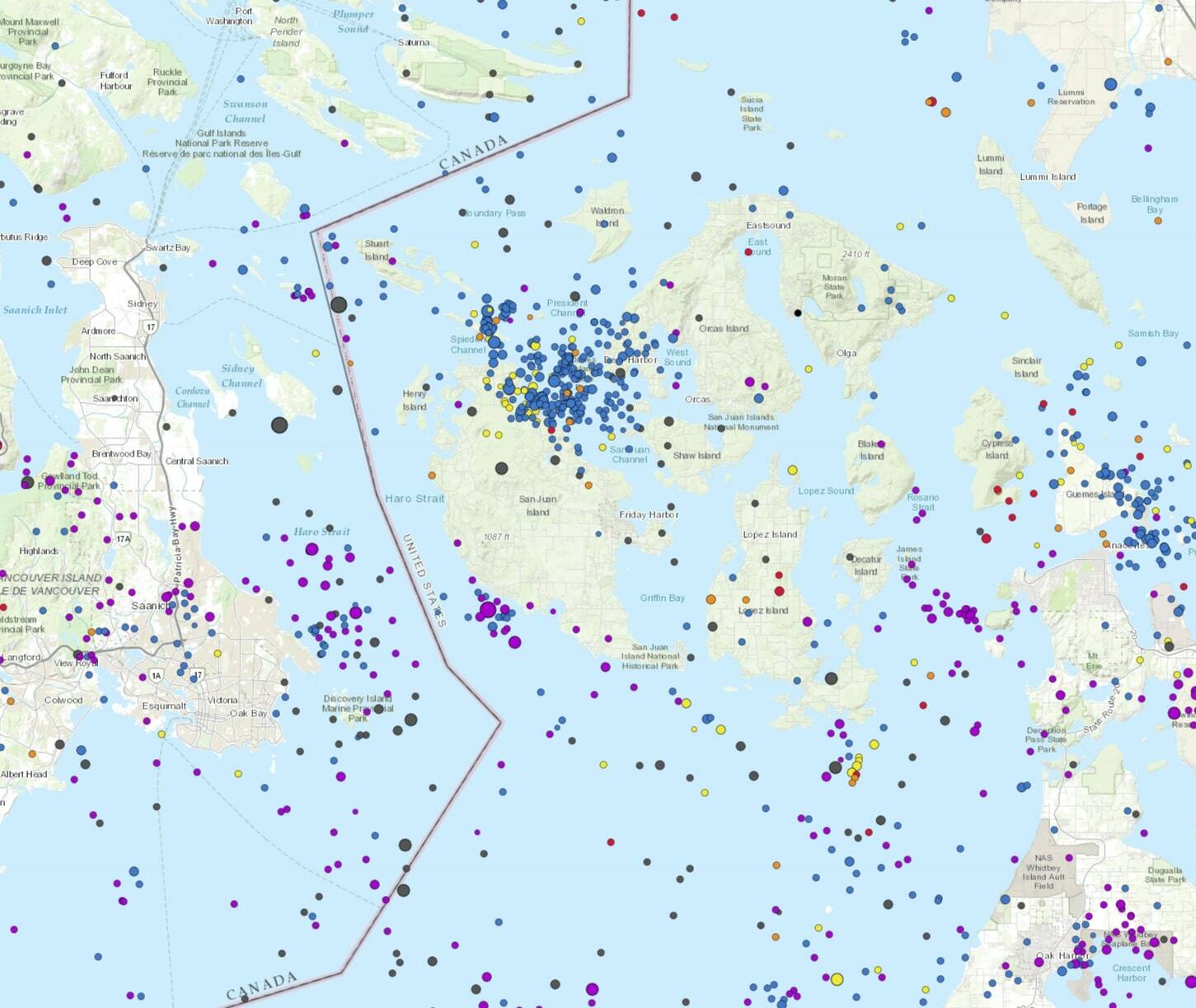 Contributed photo by Pacific Northwest Seismic Network at the University of Washington (pnsn.org)
Earthquakes across the Salish Sea since 2000.