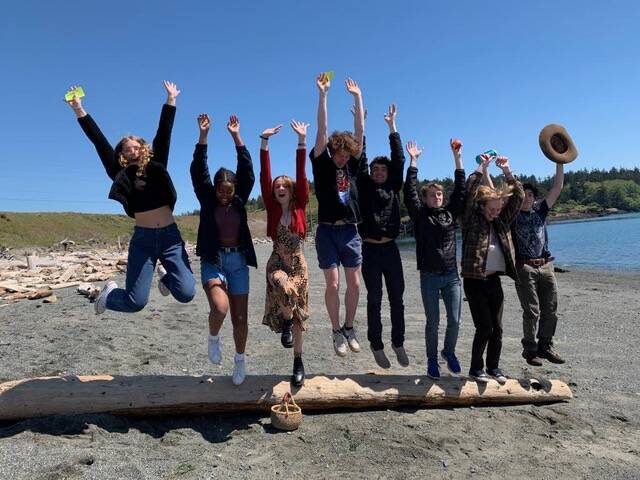 Contributed photo
Left to right: Esme, Jem, Sarah, Lael, Wyatt, Quinn, Shaw, and Jasper jump for joy as they are just about to leave for Nepal! Photo by Louis Prussack.