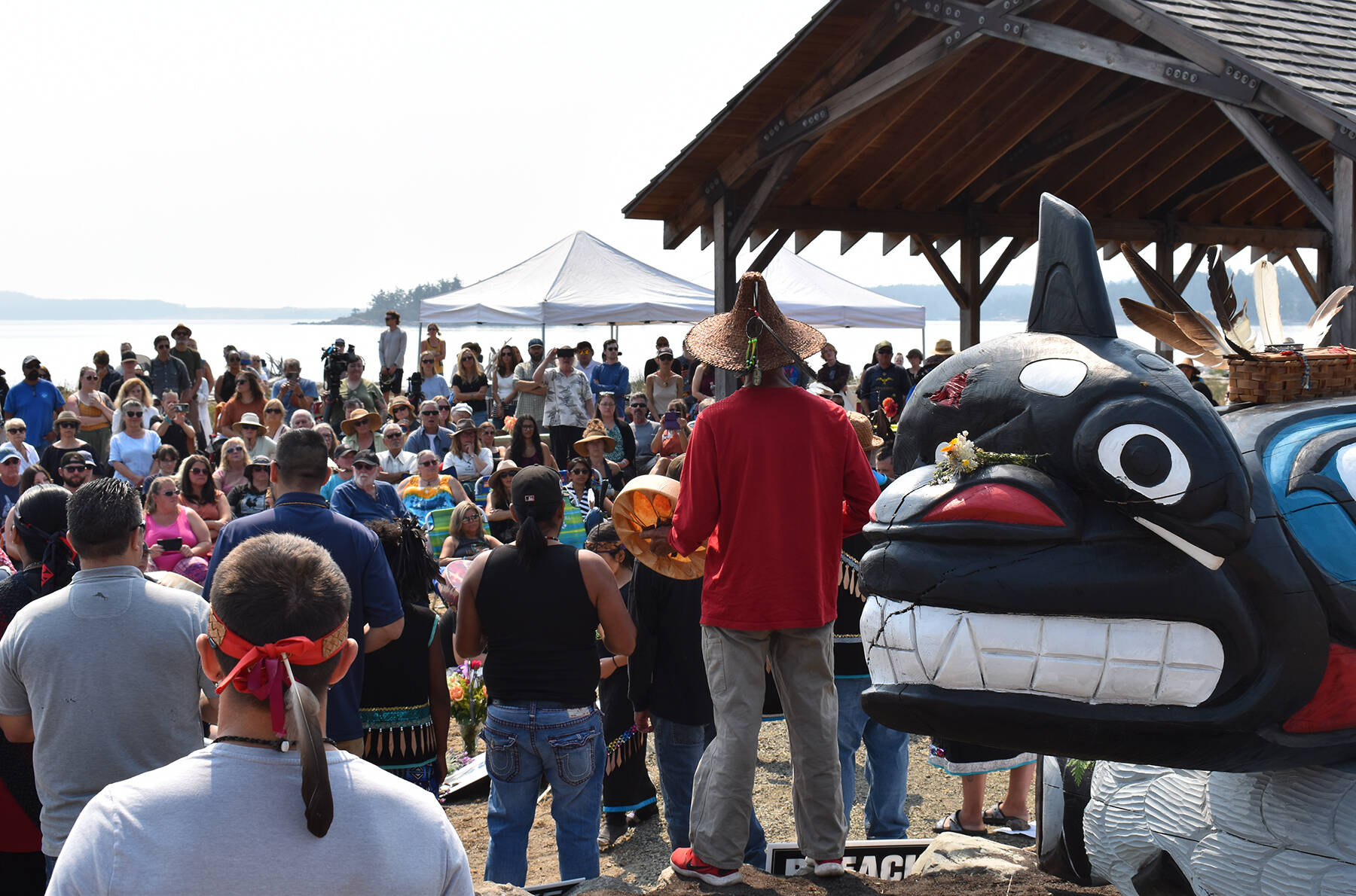 Kelley Balcomb-Bartok staff photo
Hundreds gathered Sunday at Jackson Beach Park to celebrate the life of Tokitae, aka Sk’aliCh’elh-tenaut, the last Orca whale taken from the Salish Sea and placed into captivity back in the 1970s. The event was originally going to be an installation ceremony to recognize a new Totem Story Pole, but it became so much more following the recent death of the famous whale.