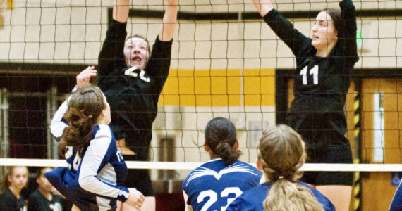 Contributed photo by Gene Hellman 
Betty Burt (20) and Ruby Ervin Mclean (11) go up to block against Fellowship Christian.