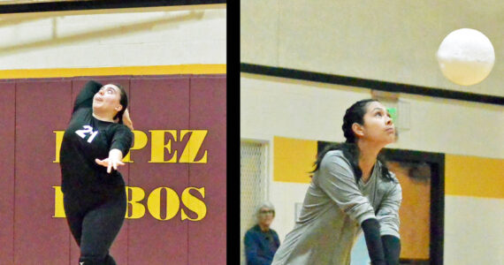 Contributed photo by Gene Helfman
Senior Lobos Amelia Patino (left) and Melissa Valencia serve and return serve respectively in the Lobos’ decisive win against Cedar Park at home Oct 23.