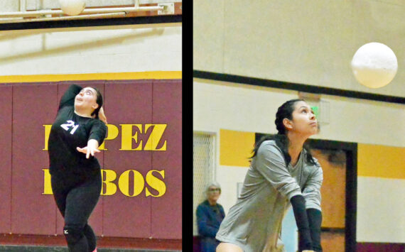 Contributed photo by Gene Helfman
Senior Lobos Amelia Patino (left) and Melissa Valencia serve and return serve respectively in the Lobos’ decisive win against Cedar Park at home Oct 23.