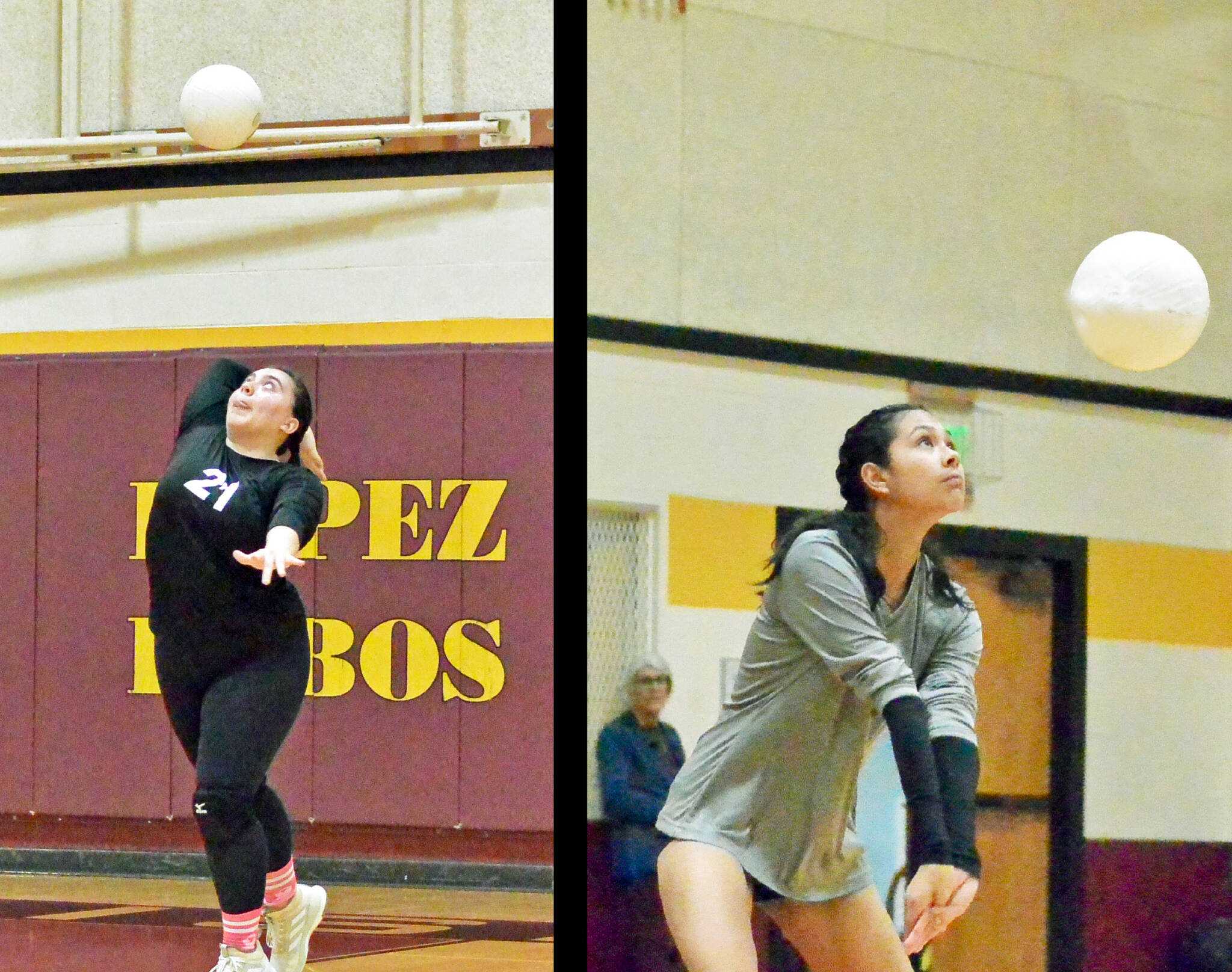 Contributed photo by Gene Helfman
Senior Lobos Amelia Patino (left) and Melissa Valencia serve and return serve respectively in the Lobos’ decisive win against Cedar Park at home Oct 23.