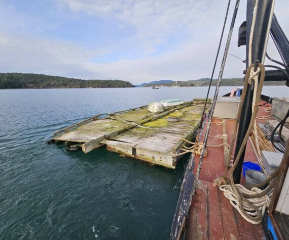 Crane and barge remove derelict floats from Blind Bay on Shaw Island