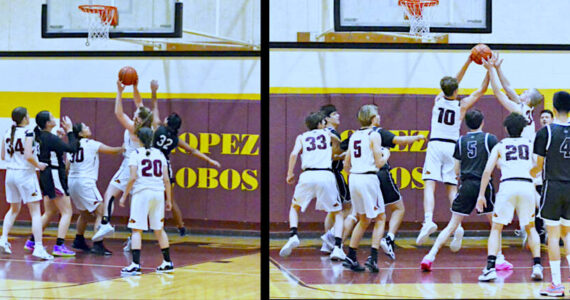 Contributed photo by Gene Helfman
(Left) Dani Arnott brings down a rebound against Lummi Nation, while Ruby Sausman (34), Evelyn Aquilar-Clavel (30), and Lourdes Velazquez (20) assist. (Right) Ethan Patrick (10) and Liam McDonald (34) rebound against Lummi with Silas Gronley (33), Oliver Rick (5), and Henry Robles (20) ready for a fast break down the court.