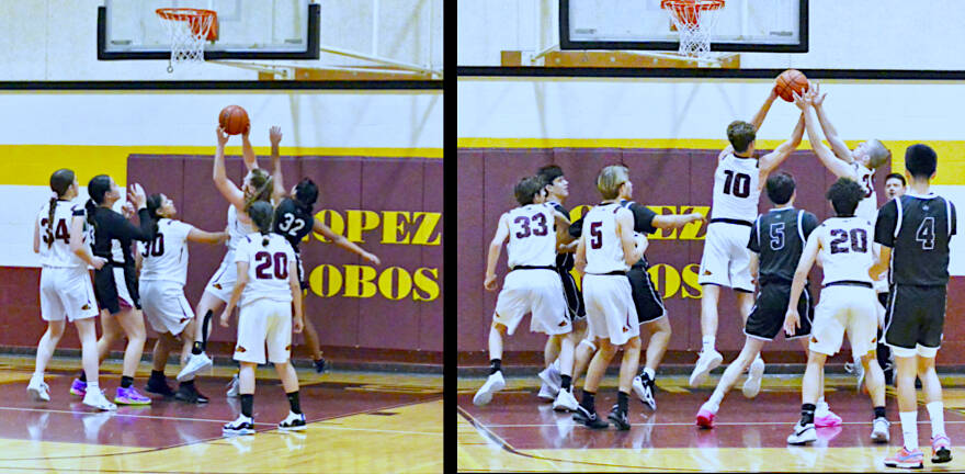 Contributed photo by Gene Helfman
(Left) Dani Arnott brings down a rebound against Lummi Nation, while Ruby Sausman (34), Evelyn Aquilar-Clavel (30), and Lourdes Velazquez (20) assist. (Right) Ethan Patrick (10) and Liam McDonald (34) rebound against Lummi with Silas Gronley (33), Oliver Rick (5), and Henry Robles (20) ready for a fast break down the court.