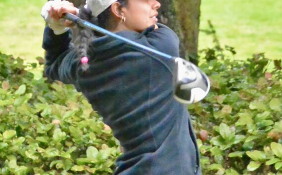Contributed photo
Melissa Valencia drives off the sixth tee at the Lopez Golf Course in a match against La Conner. Valencia took top honors at the recent District 1 Golf Championship.