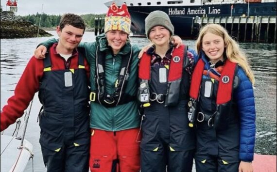 Submitted photo
The Juvenile Delinquents team pose for a picture in their gear. From Left to right: Bryce Lutz (Bellingham), Willow Gray (Bellingham), Dagny Kruger (Orcas) and Else Ranker (Orcas)