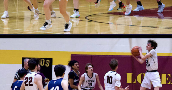 Top, left to right: Glory Westervelt, Iris Ervin-McLean, Betty Burt (with ball) and Dani Arnot take off on a fast break against Cedar Park Christian. The Lobos won 33—24. Bottom, left to right: Tristan Buckallew (22), Jake Jonas (14) and Ethan Patrick (10) look on as Silas Gronley brings down a rebound against Cedar Park in the Lobos’ 59-43 victory at home. 
Photos by Gene Helfman.
