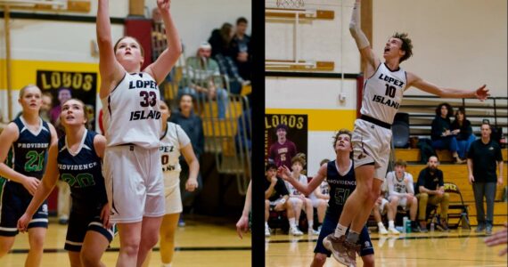 Contributed photo by Gene Helfman
(Left) Dani Arnott hits for two of her thirteen team-leading points against Providence in the Lady Lobos’ 25-23 win at home. (right) Ethan Patrick goes in for a layup in the Mens’ 48-47 victory versus Providence. Patrick led scoring with twenty-five points.