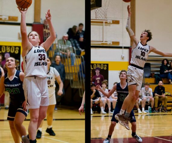 Contributed photo by Gene Helfman
(Left) Dani Arnott hits for two of her thirteen team-leading points against Providence in the Lady Lobos’ 25-23 win at home. (right) Ethan Patrick goes in for a layup in the Mens’ 48-47 victory versus Providence. Patrick led scoring with twenty-five points.