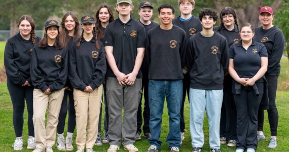 Black row, l-r: Zoe Soule, Kaileah Poole, Ana-Sophia Rempel, Isaac Gibson, Kayden Sarazin, Aspen Hatchel and coach Ginger Plumb. Front row, l-r: Mira Velo, Josie Luckhurst-Slattery, Simon Rosevear, Uli Velazquez, Henry Robles and Vix Reya.