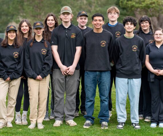 Black row, l-r: Zoe Soule, Kaileah Poole, Ana-Sophia Rempel, Isaac Gibson, Kayden Sarazin, Aspen Hatchel and coach Ginger Plumb. Front row, l-r: Mira Velo, Josie Luckhurst-Slattery, Simon Rosevear, Uli Velazquez, Henry Robles and Vix Reya.