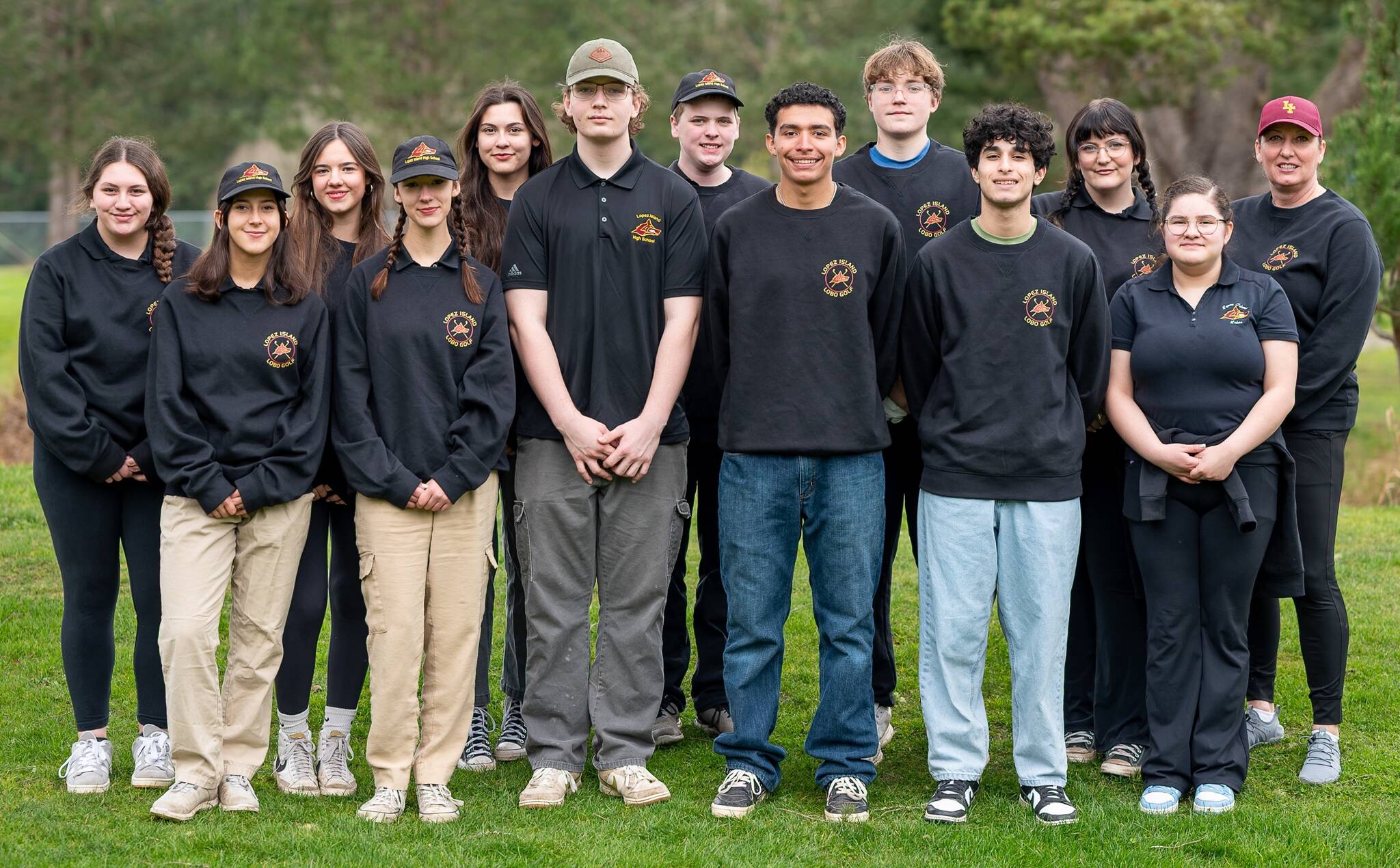 Black row, l-r: Zoe Soule, Kaileah Poole, Ana-Sophia Rempel, Isaac Gibson, Kayden Sarazin, Aspen Hatchel and coach Ginger Plumb. Front row, l-r: Mira Velo, Josie Luckhurst-Slattery, Simon Rosevear, Uli Velazquez, Henry Robles and Vix Reya.
