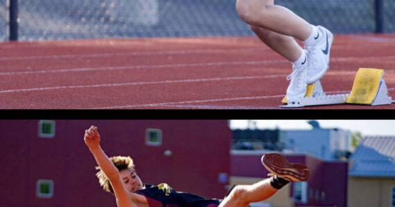 Senior Lobos Glory Westervelt (top) and Silas Gronley compete at the Blackhawk Invitational Track Meet at Lummi Nation May 1.