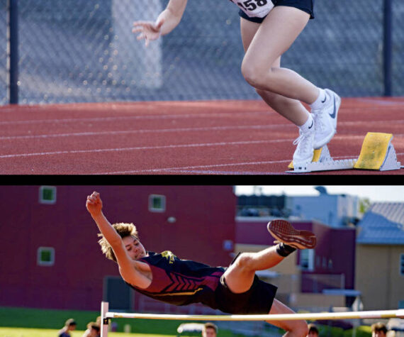 Senior Lobos Glory Westervelt (top) and Silas Gronley compete at the Blackhawk Invitational Track Meet at Lummi Nation May 1.