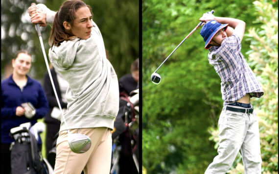 Contributed photo.
Senior Lopez golfers Josie Luckhurst Slattery (left) and Ulises Velazquez Cerda tee off during a match at the Skagit Country Club golf course earlier this year.