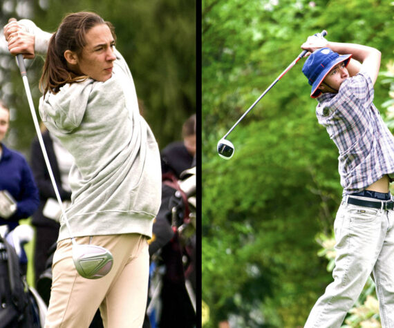 Contributed photo.
Senior Lopez golfers Josie Luckhurst Slattery (left) and Ulises Velazquez Cerda tee off during a match at the Skagit Country Club golf course earlier this year.
