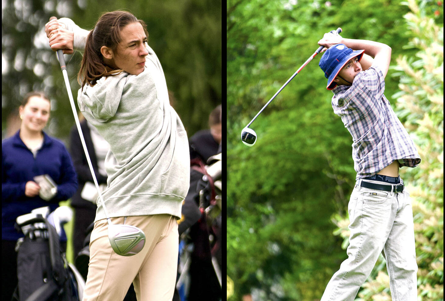 Contributed photo.
Senior Lopez golfers Josie Luckhurst Slattery (left) and Ulises Velazquez Cerda tee off during a match at the Skagit Country Club golf course earlier this year.
