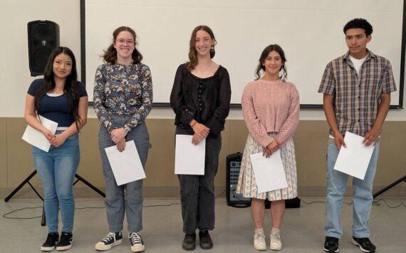 Tom Cowan photo.
L-r: Abril Velazco, Beatrix Donohoe, Ruby Ervin-Mclean, Mirabella Velo and Ulises Velazquez-Cerda. Not pictured: Rowdy Spreine (missed ceremony due to late ferry).