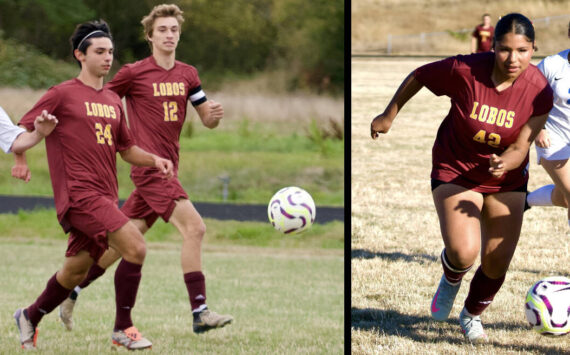 Gene Helfman photos.
Senior Lobos (l-r) Nikolai Kazakov (24), Oliver Rick (12), and Evelyn Aguilar-Clavel (42) challenge La Conner players in the mens’ and ladies’ victories at home against La Conner.