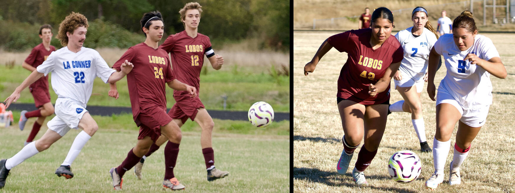 Gene Helfman photos.
Senior Lobos (l-r) Nikolai Kazakov (24), Oliver Rick (12), and Evelyn Aguilar-Clavel (42) challenge La Conner players in the mens’ and ladies’ victories at home against La Conner.