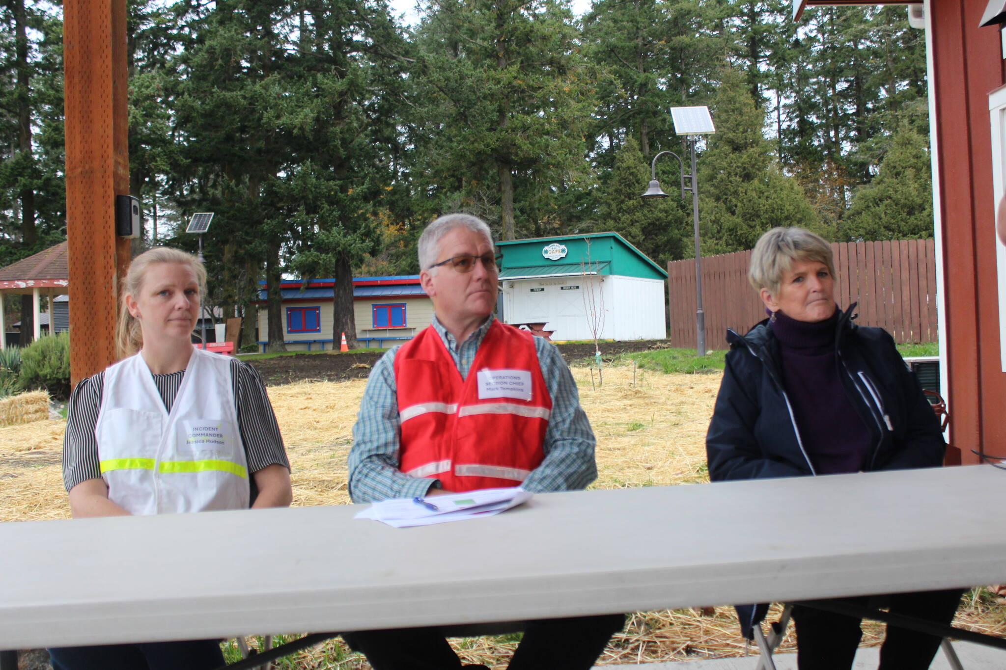 Heather Spaulding photo
Left to right: Jesica Hudson, Mark Tompkins and Kari McVeigh prepare to answer questions from the press.