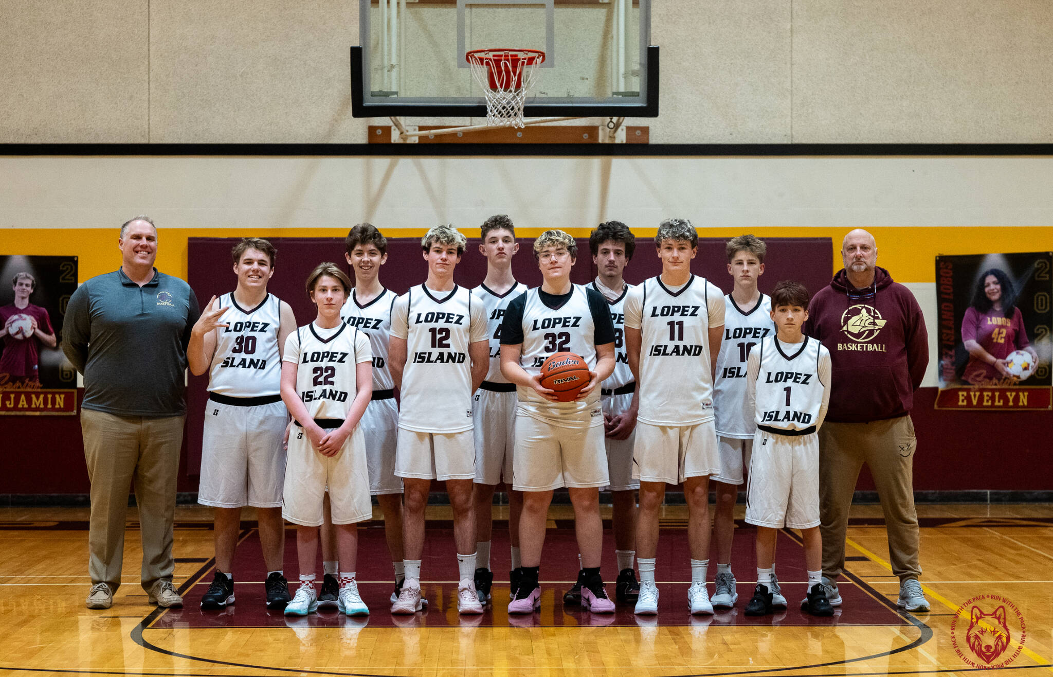 Aaron Johnson photo.
Left to right: Assistant coach Brian Leyde, Jack Leyde, Beau Spreine, Mason Hays, Nathan Kinney, Ian Cankusic and coach Aaron Johnson.
Front Row: Rex Hopper, Benji Stephenson, Kayden Sarazin, Andris Meissner and Sixto Velazquez.