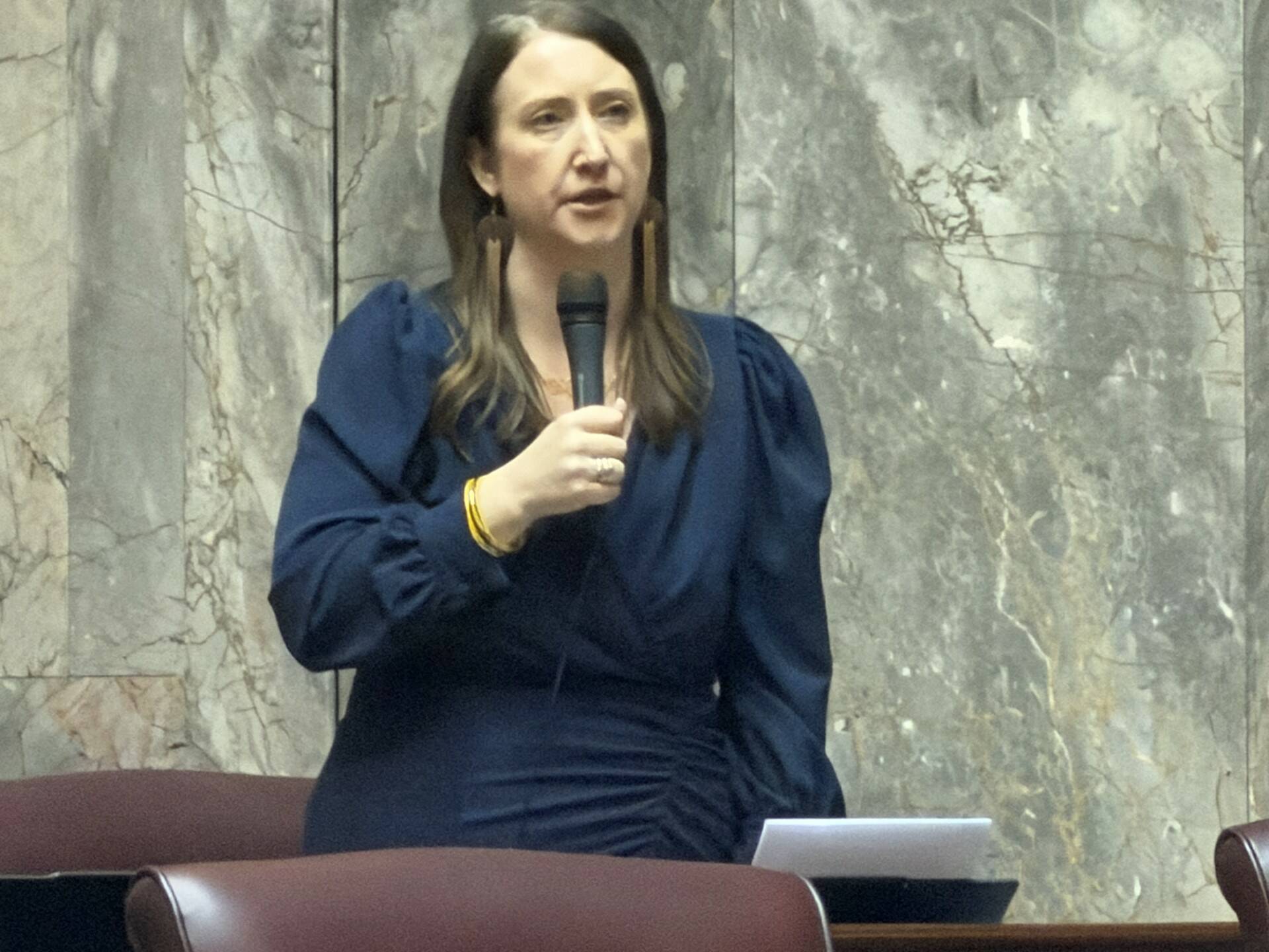 Cassie Diamond photo.
Sen. Noel Frame, D-Seattle, shares a story of her experience with miscarriage while giving remarks in support of Senate Bill 5917 during a floor session Feb. 10.