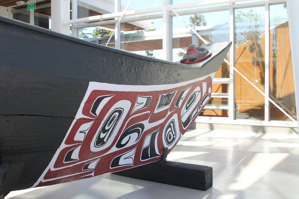 Staff photo, Heather Spaulding. Canoe displayed in SJIMA front exhibit hall.